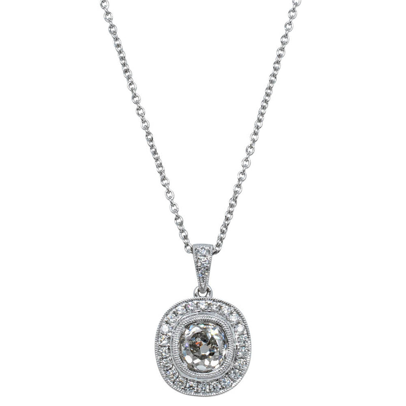 18ct White Gold 1.38ct Diamond Halo Pendant-Necklace-Walker & Hall