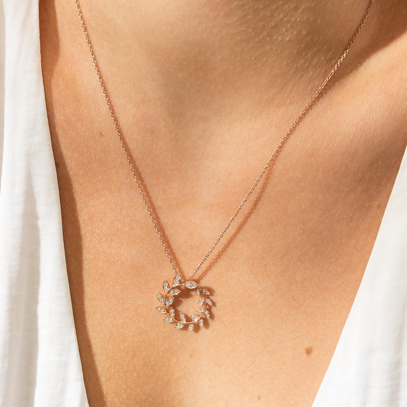 18ct Rose Gold .30ct Diamond Laurel Pendant-Necklace-Walker & Hall