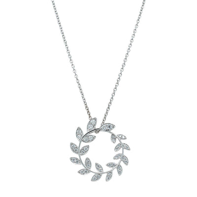 18ct White Gold .30ct Diamond Laurel Pendant-Necklace-Walker & Hall