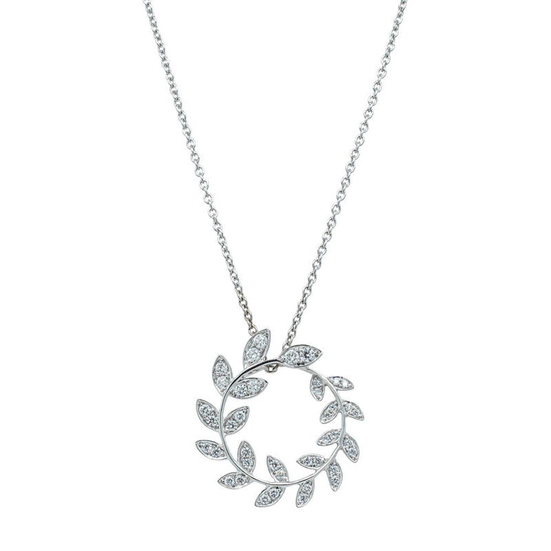 18ct White Gold .30ct Diamond Laurel Pendant-Necklace-Walker & Hall