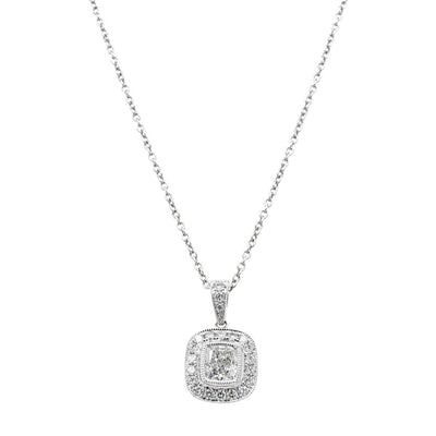 18ct White Gold Diamond Halo Pendant-Necklace-Walker & Hall