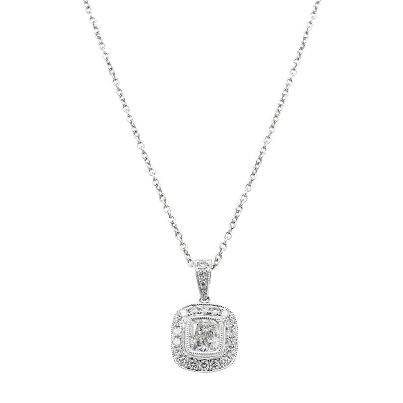 18ct White Gold Diamond Halo Pendant-Necklace-Walker & Hall