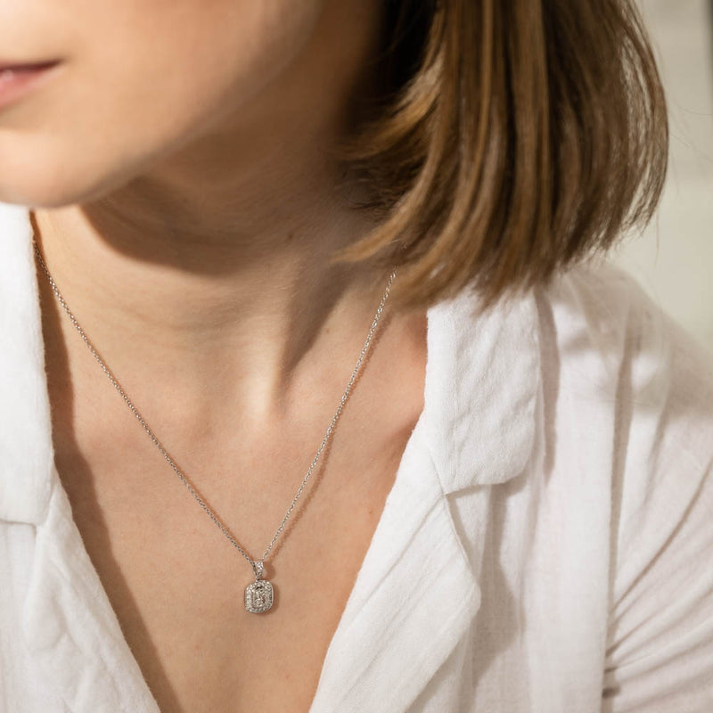 18ct White Gold Diamond Halo Pendant-Necklace-Walker & Hall