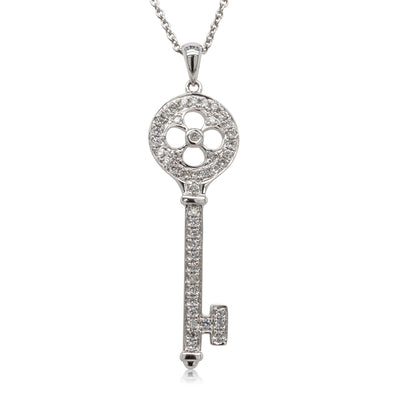 18ct White Gold Diamond Key Pendant-Necklace-Walker & Hall