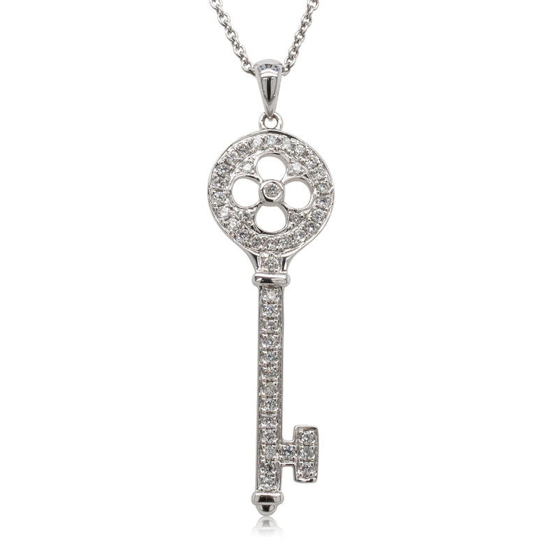 18ct White Gold Diamond Key Pendant-Necklace-Walker & Hall