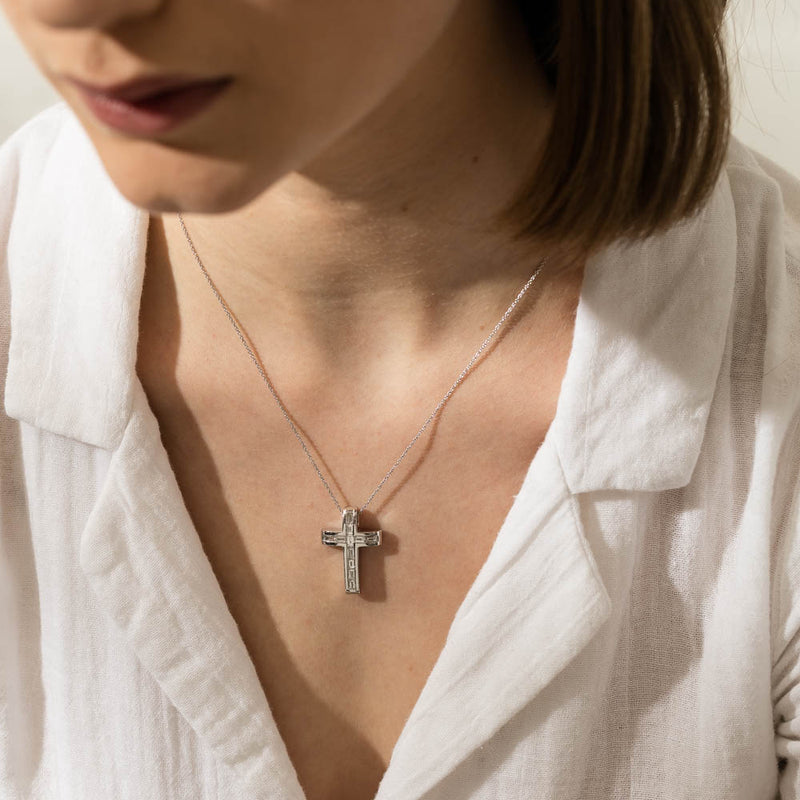 18ct White Gold Diamond Cross Pendant-Necklace-Walker & Hall