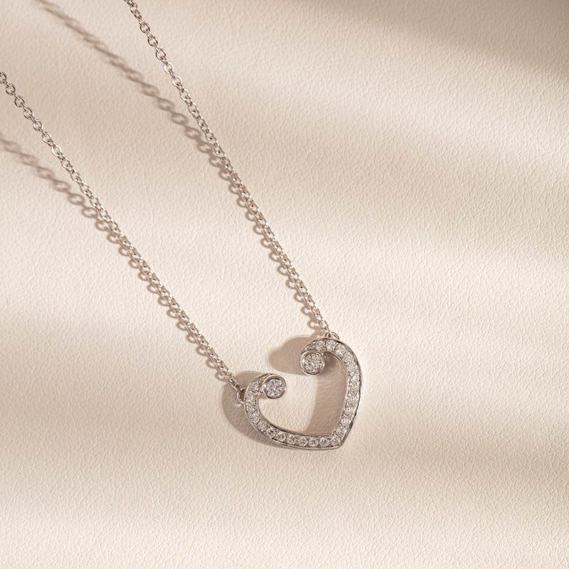 18ct White Gold Diamond Koru Heart Pendant-Necklace-Walker & Hall