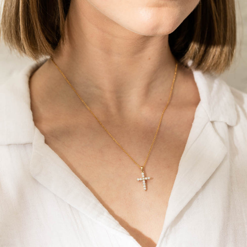 18ct Yellow Gold Diamond Cross Pendant-Necklace-Walker & Hall