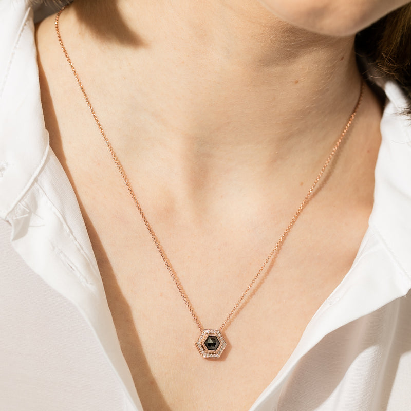 18ct Rose Gold Black Diamond Halo Pendant-Necklace-Walker & Hall
