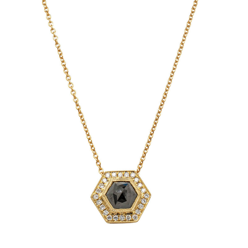 18ct Yellow Gold Black Diamond Halo Pendant-Necklace-Walker & Hall