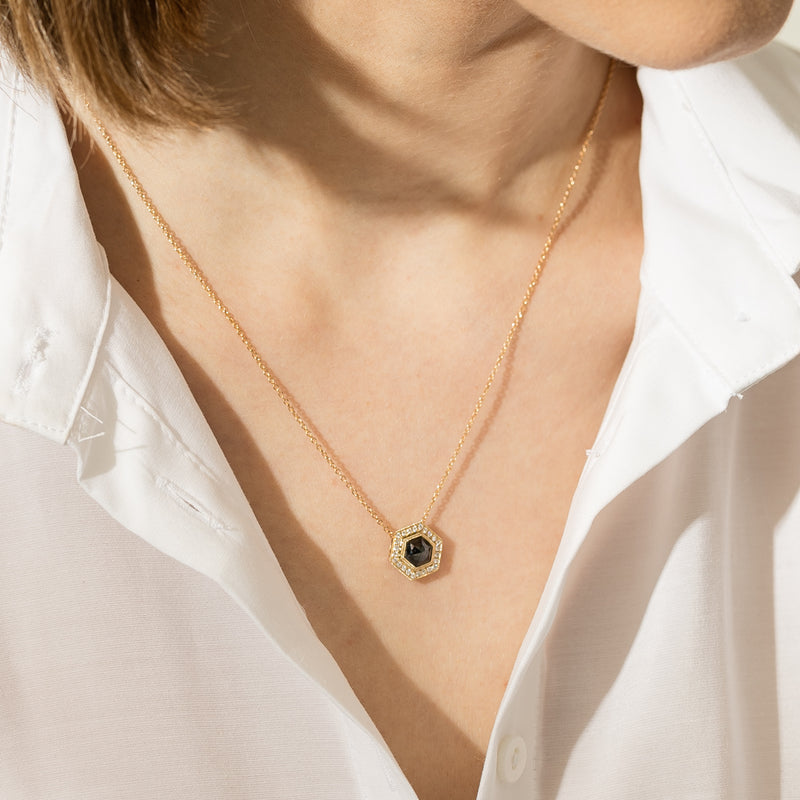 18ct Yellow Gold Black Diamond Halo Pendant-Necklace-Walker & Hall