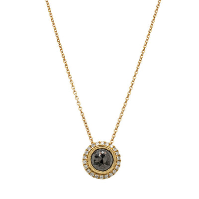 18ct Yellow Gold Black Diamond Halo Pendant-Necklace-Walker & Hall