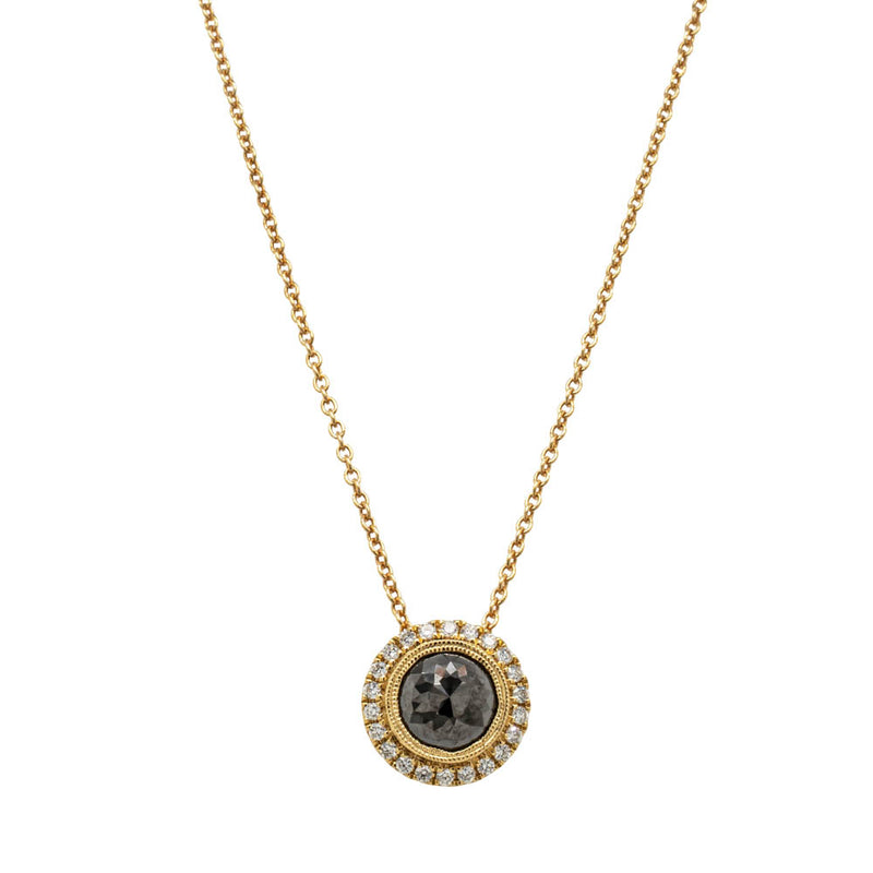 18ct Yellow Gold Black Diamond Halo Pendant-Necklace-Walker & Hall