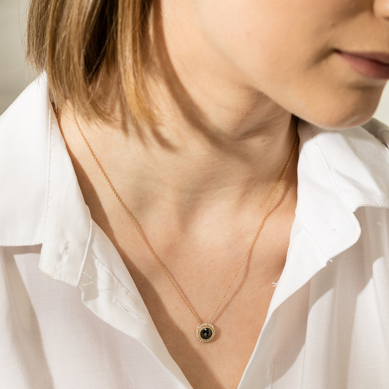 18ct Yellow Gold Black Diamond Halo Pendant-Necklace-Walker & Hall