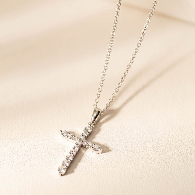 18ct White Gold Diamond Cross Pendant-Necklace-Walker & Hall