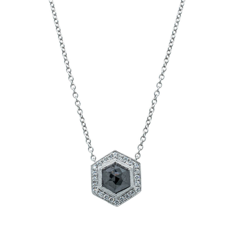 18ct White Gold Black Diamond Halo Pendant-Necklace-Walker & Hall