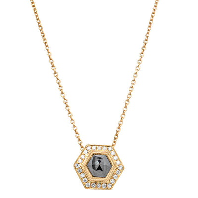 18ct Yellow Gold 1.01ct Black Diamond Halo Pendant-Necklace-Walker & Hall