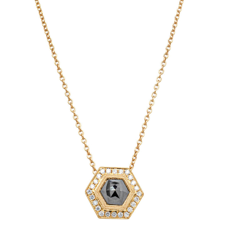 18ct Yellow Gold 1.01ct Black Diamond Halo Pendant-Necklace-Walker & Hall
