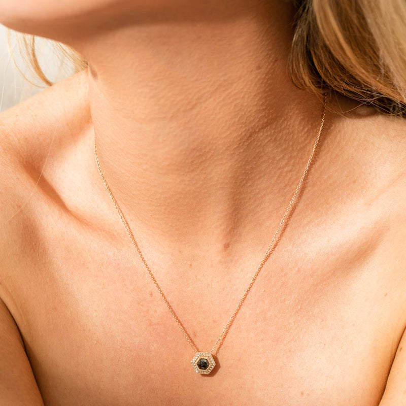 18ct Yellow Gold 1.01ct Black Diamond Halo Pendant-Necklace-Walker & Hall