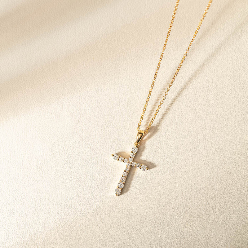 18ct Yellow Gold Diamond Cross Pendant-Necklace-Walker & Hall