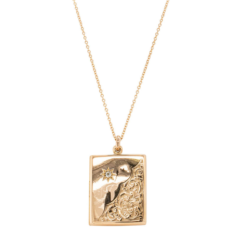 Vintage 15ct Yellow Gold Diamond Engraved Locket-Necklace-Walker & Hall