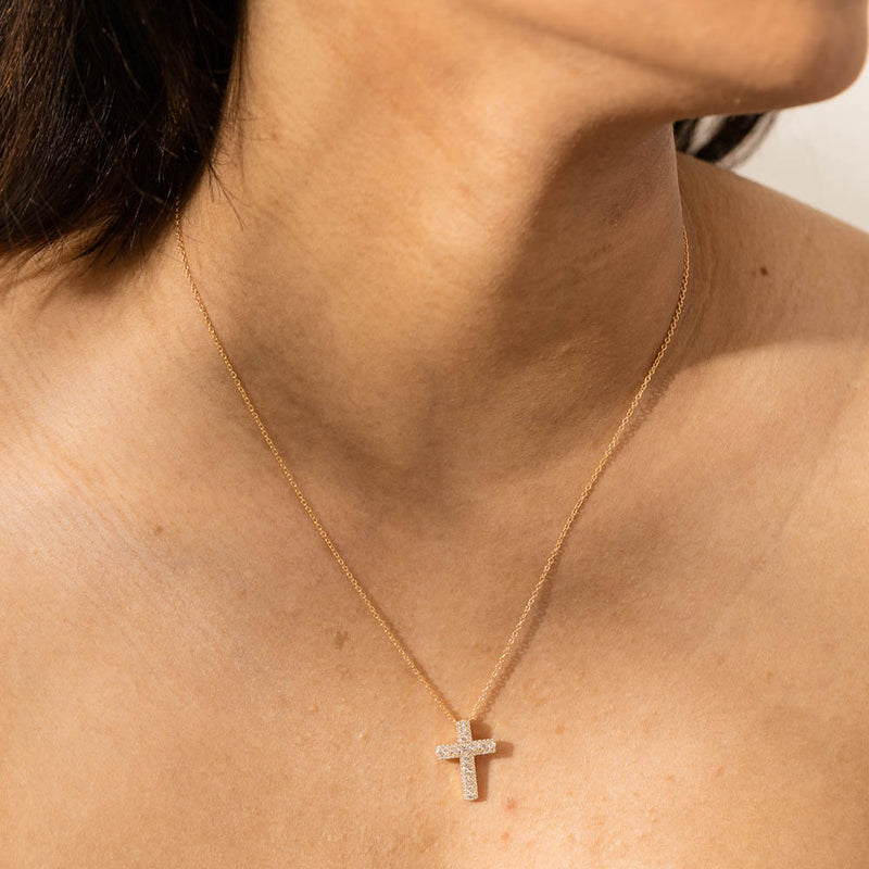 18ct Yellow Gold Diamond Cross Pendant-Necklace-Walker & Hall