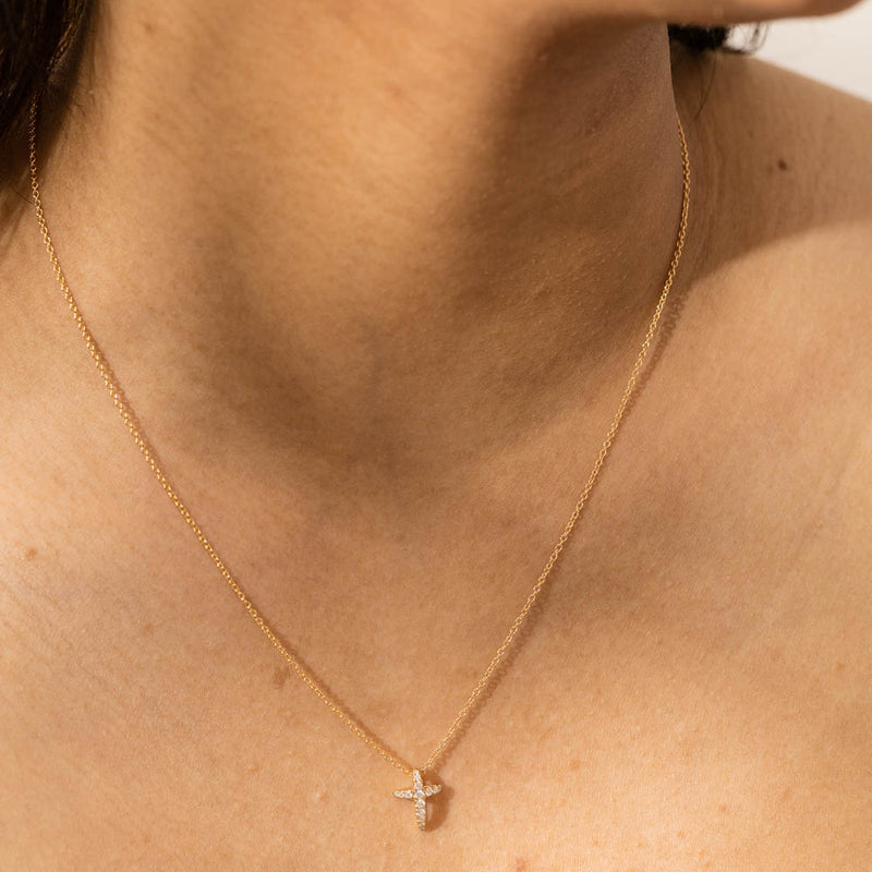 18ct Yellow Gold Diamond Cross Pendant-Necklace-Walker & Hall