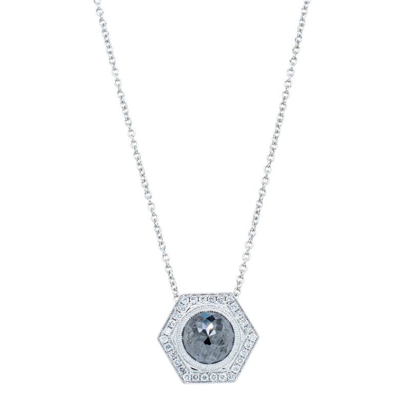 18ct White Gold 1.74ct Black Diamond Halo Pendant-Necklace-Walker & Hall