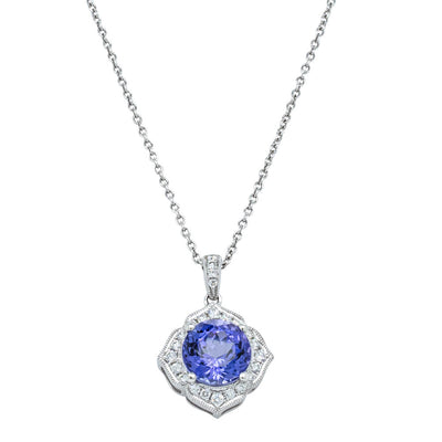 18ct White Gold Tanzanite & Diamond Halo Pendant-Necklace-Walker & Hall