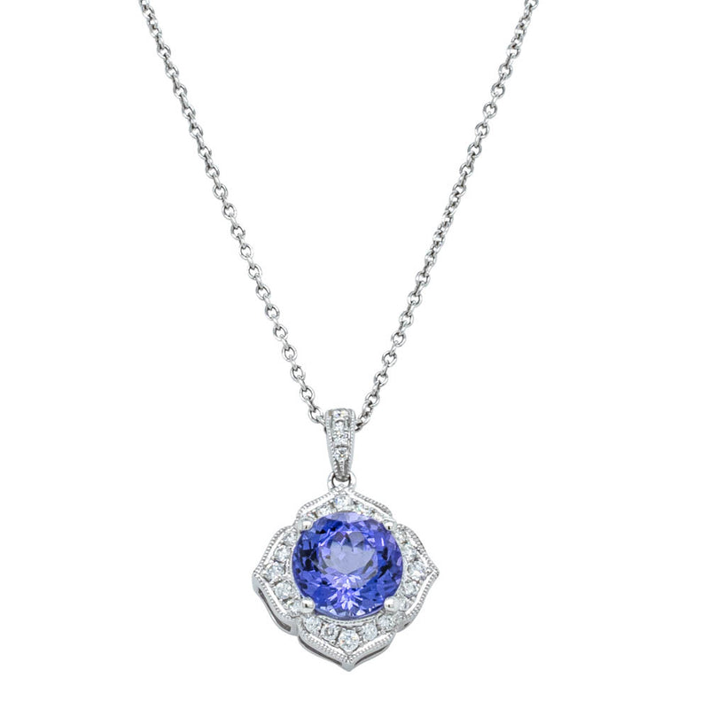 18ct White Gold Tanzanite & Diamond Halo Pendant-Necklace-Walker & Hall