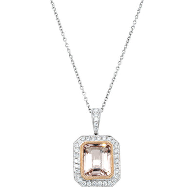 18ct White Gold 2.54ct Morganite & Diamond Halo Pendant-Necklace-Walker & Hall