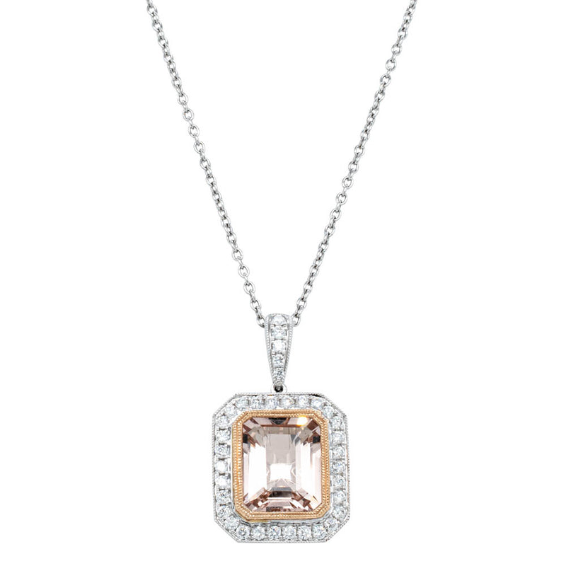 18ct White Gold 2.54ct Morganite & Diamond Halo Pendant-Necklace-Walker & Hall
