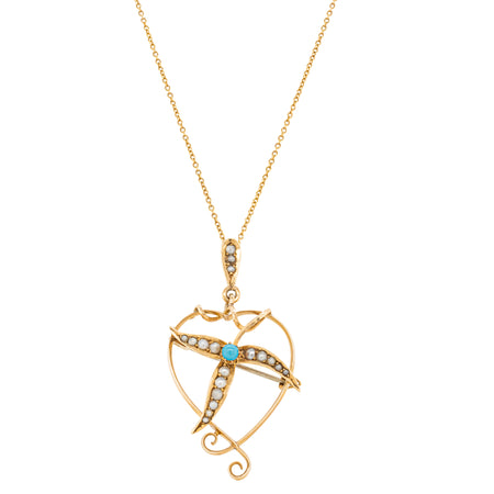 Vintage 15ct Yellow Gold Turquoise & Seed Pearl Heart Pendant-Necklace-Walker & Hall