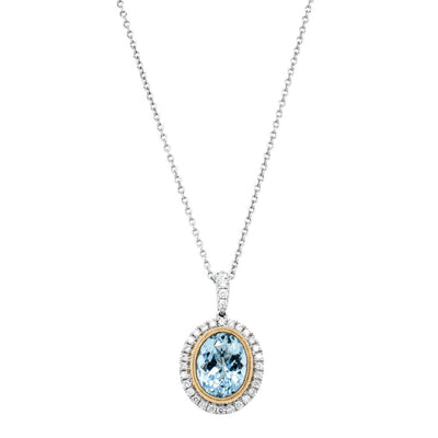 18ct White Gold & Yellow Gold Aquamarine & Diamond Halo Pendant-Necklace-Walker & Hall