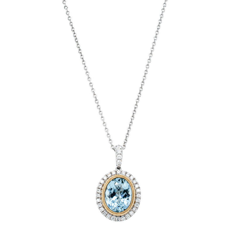 18ct White Gold & Yellow Gold Aquamarine & Diamond Halo Pendant-Necklace-Walker & Hall