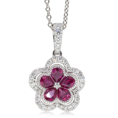 18ct White Gold Ruby & Diamond Flower Pendant-Necklace-Walker & Hall