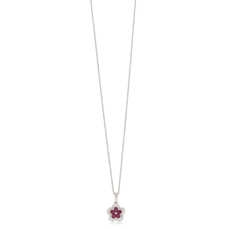 18ct White Gold Ruby & Diamond Flower Pendant-Necklace-Walker & Hall