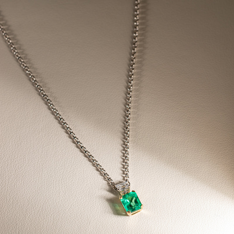 18ct White Gold Emerald & Diamond Pendant-Necklace-Walker & Hall