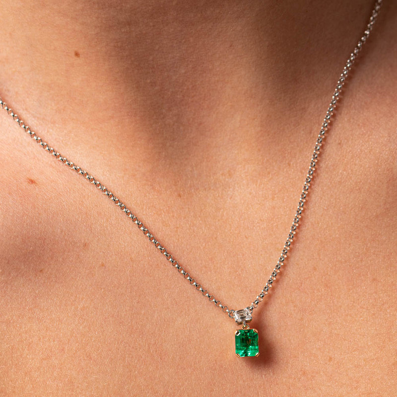 18ct White Gold Emerald & Diamond Pendant-Necklace-Walker & Hall