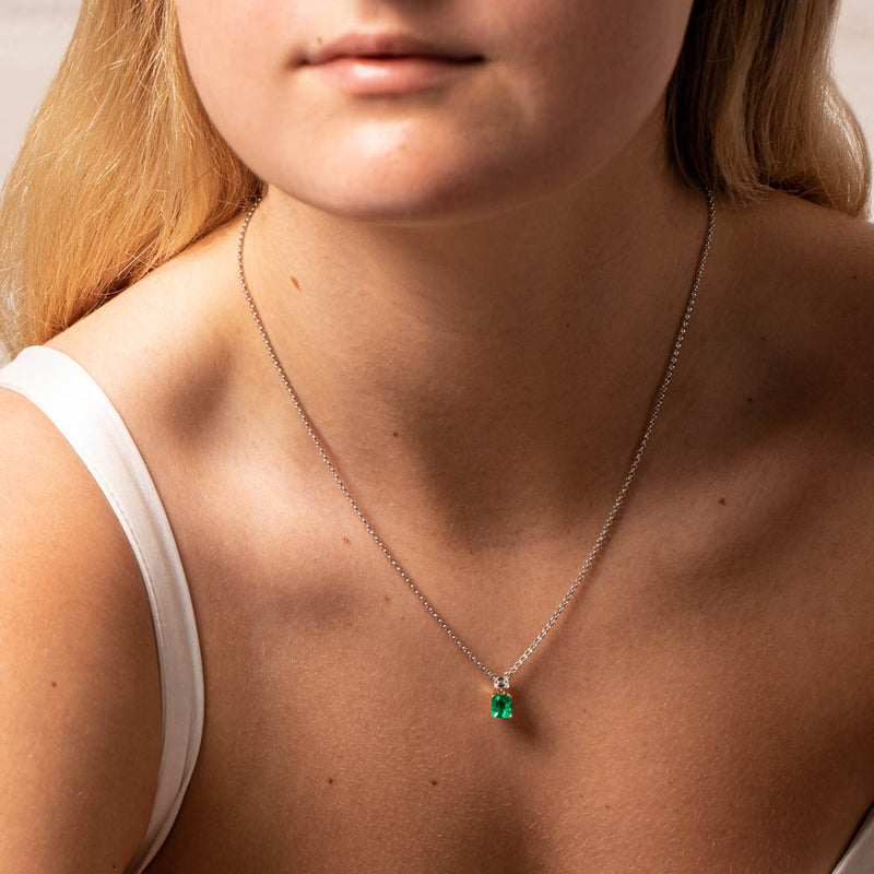 18ct White Gold Emerald & Diamond Pendant-Necklace-Walker & Hall