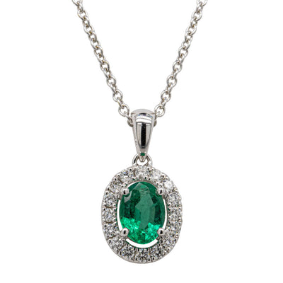 18ct White Gold Emerald & Diamond Pendant-Necklace-Walker & Hall