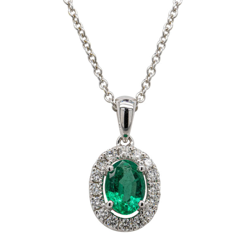 18ct White Gold Emerald & Diamond Pendant-Necklace-Walker & Hall