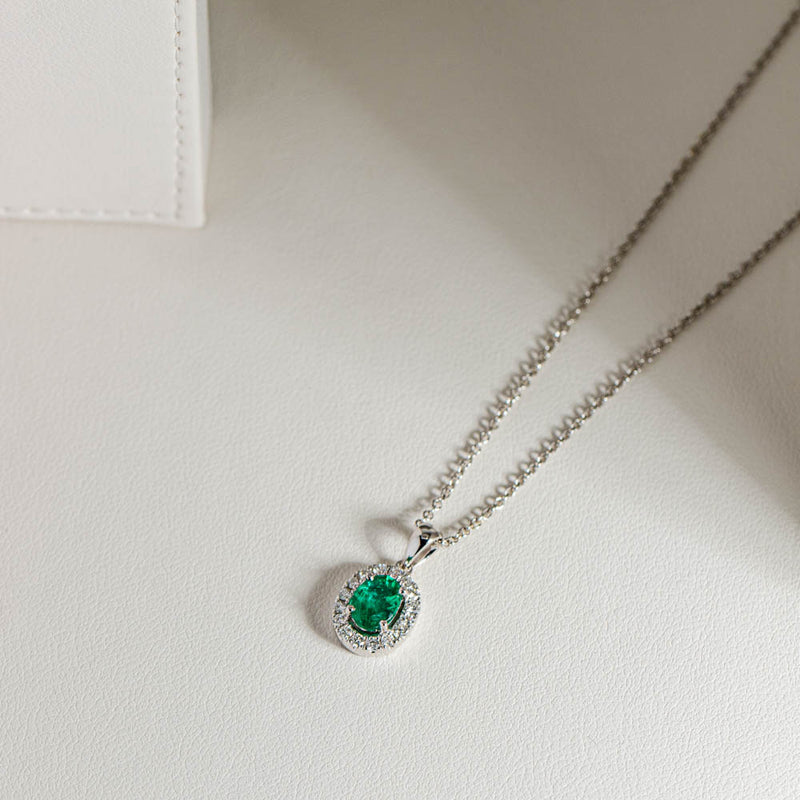 18ct White Gold Emerald & Diamond Pendant-Necklace-Walker & Hall