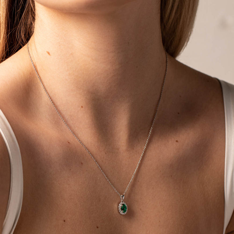 18ct White Gold Emerald & Diamond Pendant-Necklace-Walker & Hall