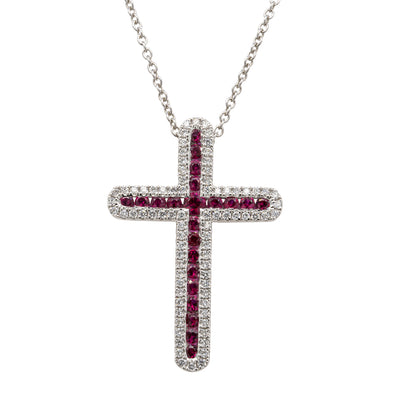 18ct White Gold Ruby & Diamond Cross Pendant-Necklace-Walker & Hall