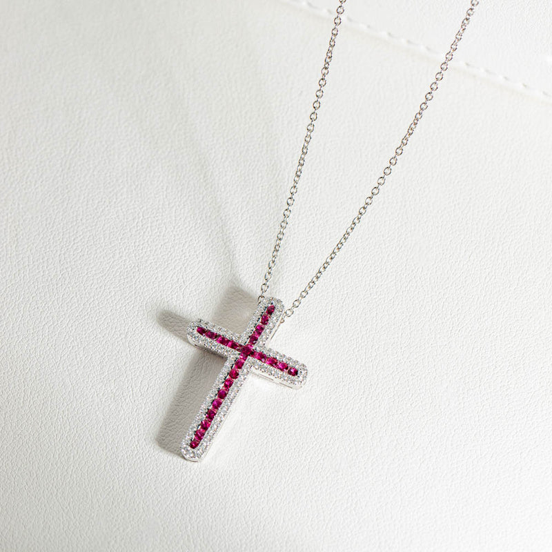 18ct White Gold Ruby & Diamond Cross Pendant-Necklace-Walker & Hall