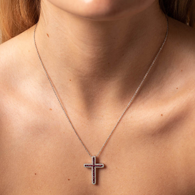 18ct White Gold Ruby & Diamond Cross Pendant-Necklace-Walker & Hall