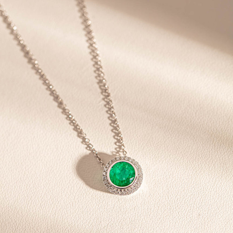 18ct White Gold Emerald & Diamond Isla Pendant-Necklace-Walker & Hall