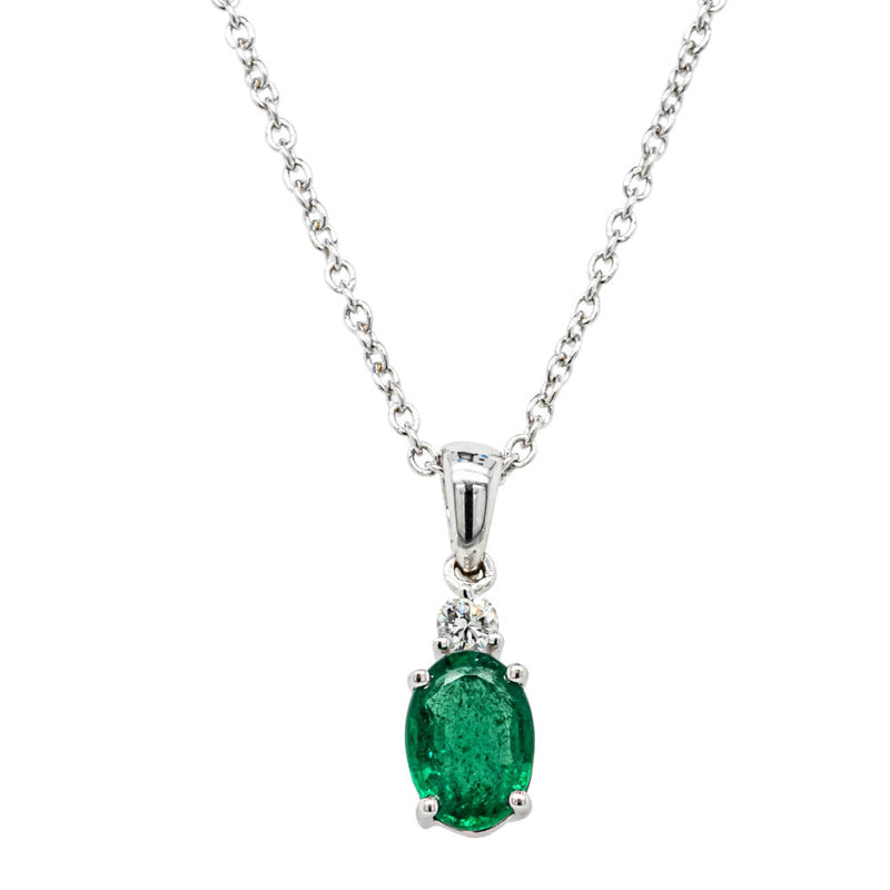 18ct White Gold Emerald & Diamond Pendant-Necklace-Walker & Hall