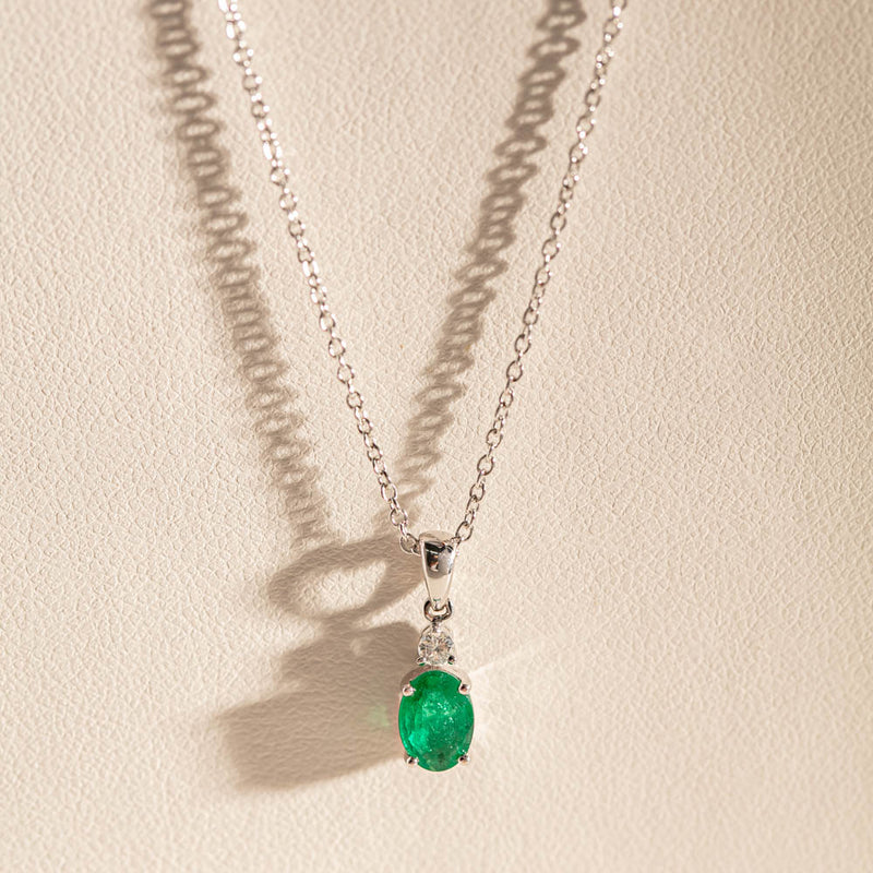 18ct White Gold Emerald & Diamond Pendant-Necklace-Walker & Hall